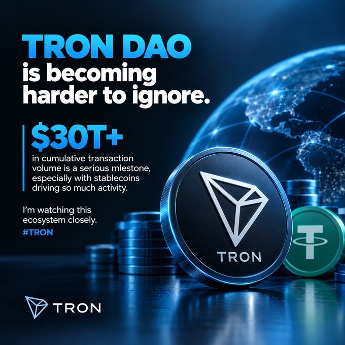 A promotional image for TRON DAO stating "TRON DAO is becoming harder to ignore" and highlighting "$30T+ in cumulative transaction volume," with hashtags #TRON and a large TRON coin displayed against a blue globe background.