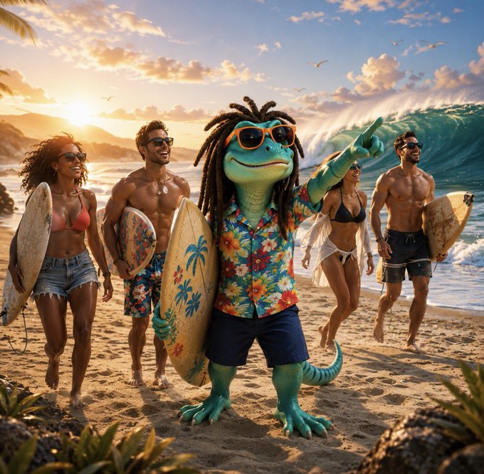 A cheerful anthropomorphic iguana in a tropical Hawaiian shirt, sunglasses, and dreadlocks leads a group of fit surfers carrying boards along the beach at golden hour, embodying the post's call to stop watching from the shore and paddle out into the week's opportunities.