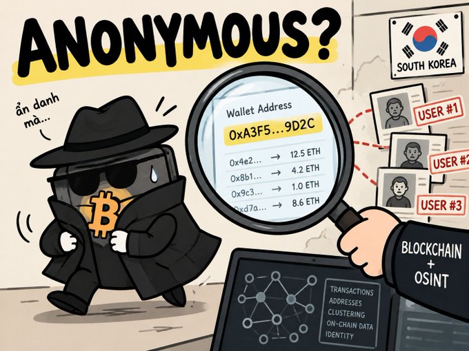 A cartoon illustration questioning crypto anonymity, showing a detective in a trench coat with a Bitcoin symbol, a magnified wallet address linking to multiple users, and 'BLOCKCHAIN + OSINT' research elements.
