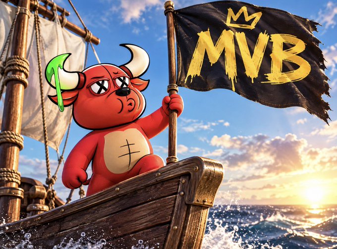 A digital illustration of a red cartoon bull character with a scar on its chest holding a glowing green sickle and a black flag displaying 'MVB' in yellow lettering, standing on a wooden pirate ship against a sunset ocean backdrop.