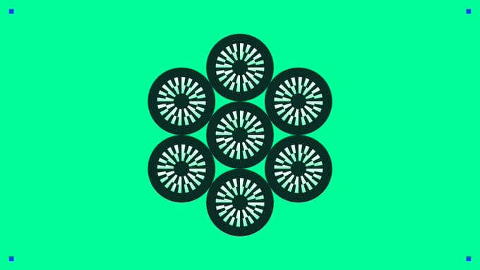 The image features a graphic design with a green background that displays a pattern of circles arranged in a hexagonal formation. The circles are black and white, creating an interesting visual effect against the green backdrop. The arrangement of the circles suggests a sense of unity or harmony within the design.