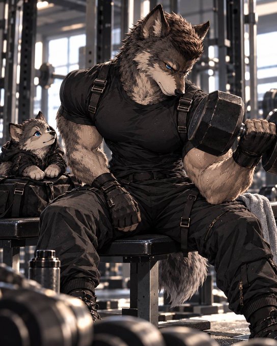 A digital illustration depicts a muscular anthropomorphic wolf wearing black workout gear and lifting a dumbbell in a gym, with a small wolf cub watching from a bench.