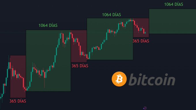 A Bitcoin chart with green and red candlesticks overlaid with colored rectangles labeled '1064 DÍAS' (in green) and '365 DÍAS' (in red), with the Bitcoin logo and wordmark in the lower right.