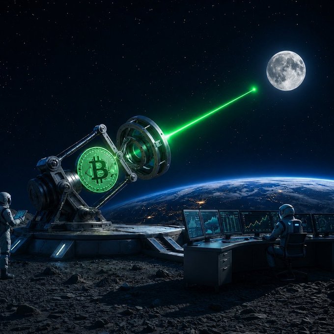 A sci-fi scene depicts astronauts on a lunar-like surface operating a large machine that projects a green laser beam toward the moon, with a Bitcoin logo displayed on the equipment.
