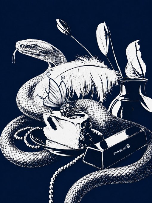 A coiled serpent entwines with feathers, leaves, a slice of cake, pearls, and a vase on a dark blue background, with the artist signature "Sneketoshi" visible on a block. The intricate, vintage-style illustration matches the post's call for the "Last Host" collaboration, marking the 8/10 edition sold for 10 $XTZ.