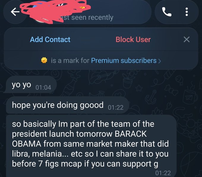 A Telegram chat screenshot showing a user claiming to be part of the team for a presidential launch tomorrow named BARACK OBAMA, referencing a market maker that did libra and melania, offering to share before 7 figs mcap.