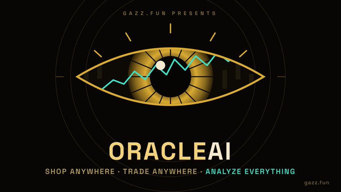 A promotional graphic for 'ORACLEAI' by gazz.fun, featuring a stylized golden eye with a chart graph inside the iris, with the tagline 'SHOP ANYWHERE · TRADE ANYWHERE · ANALYZE EVERYTHING'.