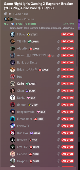 A Discord interface shows the "Game Night | Ignis Gaming X Ragnarok Breaker (YGG Play)" event with a $50-$150 prize pool, listing 55 active participants including !Slayz, 1SlittiN, Alacrity, and many others marked as "AO VIVO" (live), directly reflecting the lively community gaming session mentioned in the post.