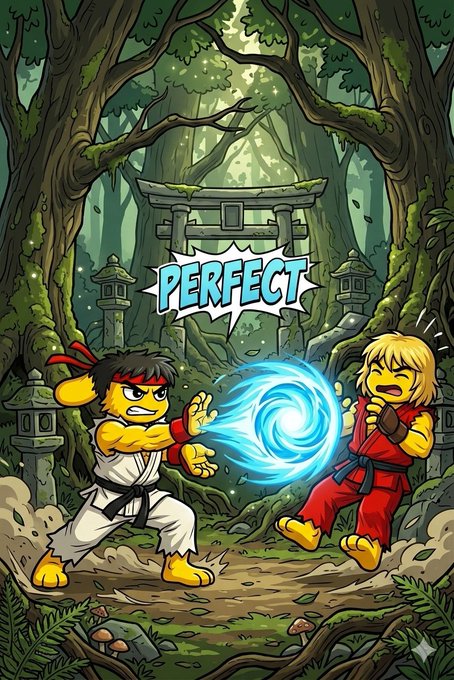 A cartoon anime-style illustration of two martial artists fighting in a forest with a 'PERFECT' comic-style text bubble between them.