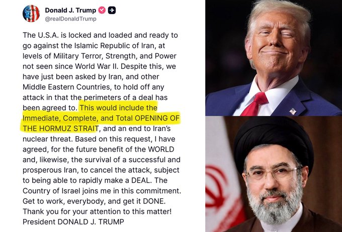 This image shows a tweet from Donald J. Trump, referencing an agreement that would include the "Immediate, Complete, and Total OPENING OF THE HORMUZ STRAIT" and portraits of Donald Trump and an Iranian official. The accompanying post states Iran denies reports of agreeing to reopen the Strait of Hormuz.
