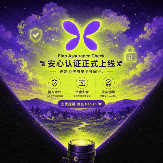 Promotional graphic for 'Flap Assurance Check' (安心认证正式上线) featuring a purple butterfly logo over a night sky, highlighting official auditing, fund safety, and certified identity features.