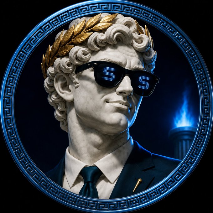 A classical marble bust of a man wearing a gold laurel wreath has been given modern digital sunglasses displaying blue LED 'S' symbols, framed within a blue Greek key patterned border.