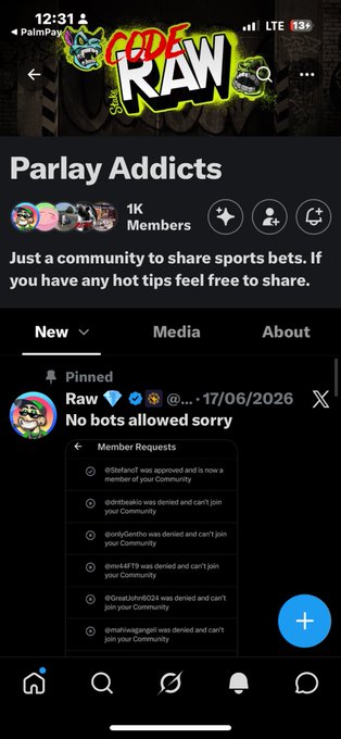 Mobile screenshot of a Telegram group called 'Parlay Addicts' with 1K members, featuring a pinned message stating 'No bots allowed sorry' and a list of denied member requests.