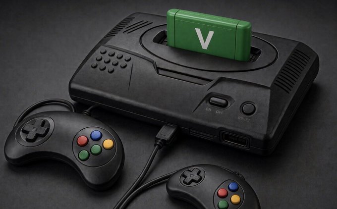 A black retro-style video game console with two wired controllers and a green cartridge marked with a white 'V' inserted into the top.
