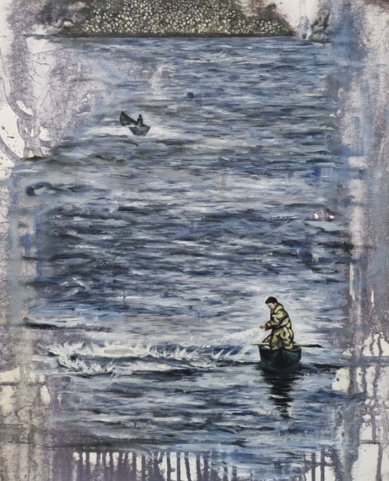 A blue-toned painting depicting two figures in small boats on rippled water, with one figure in the foreground casting a net.