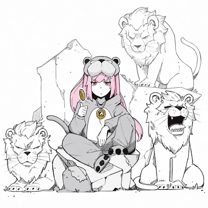 An anime-style character with pink hair, dressed in a gray bear-themed onesie and holding a gold coin, sits on a stone pedestal surrounded by three fierce lions. The artwork ties into the $ANIME theme by blending cute kawaii mascot fashion with stylized Japanese anime illustration aesthetics.
