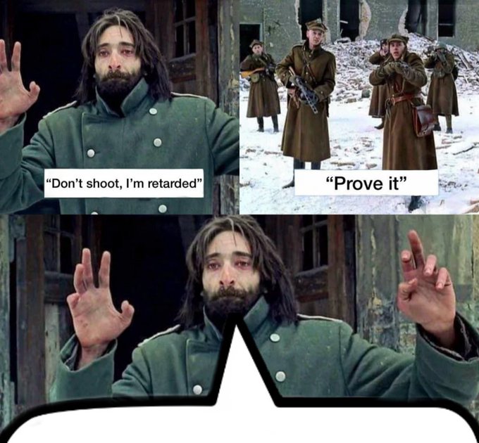 The image depicts a man with a beard wearing a green coat, presumably dressed for winter, standing over two white speech bubbles with text related to Bitcoin prices. One speech bubble reads "Don't shoot, I'm reared", while the other says "Prove it." The man is surrounded by three other speech bubbles, one of which has the text "Don't shoot, I'm reared" and the others have different variations of this quote as well. These phrases are set against a backdrop of snowy scenery with a building in the background.