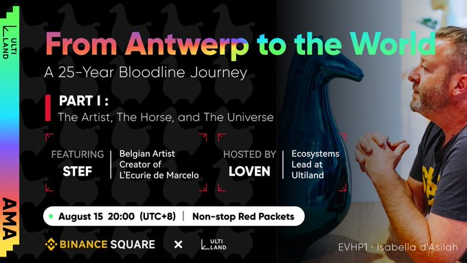 This image announces "From Antwerp to the World: A 25-Year Bloodline Journey," featuring Belgian artist Stef and the fictional stable L'Ecurie de Marcelo. The text "EVHP1 Isabella d'Asilah" appears at the bottom, connecting the artist's work to the $EVHP1 token mentioned in the post.