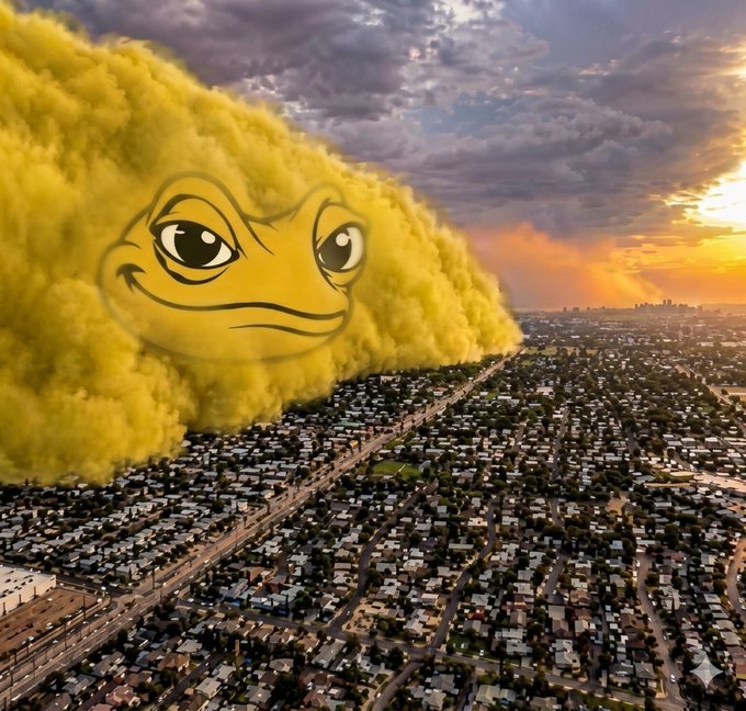 A surreal image of a massive yellow Pepe frog face emerging from a giant cloud rolling over a suburban cityscape at sunset.