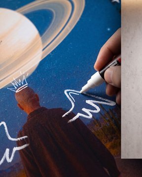 A creative photo manipulation showing a hand with a marker drawing the ringed planet Saturn above a figure wearing a paper crown against a blue sky.