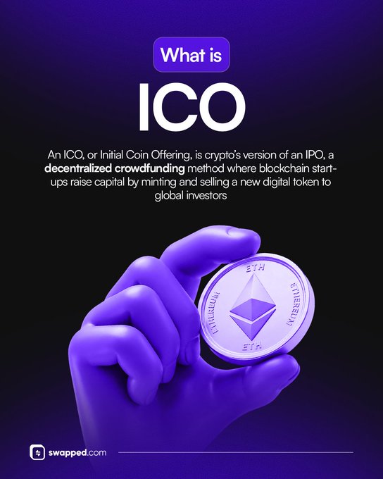 A purple-themed educational graphic titled "What is ICO" explains that an Initial Coin Offering is crypto's decentralized crowdfunding version of an IPO, where blockchain startups raise capital by selling new digital tokens. The design features a 3D purple hand holding an Ethereum (ETH) coin, with the Swapped.com branding at the bottom—visually reinforcing the post's prompt about understanding ICOs in crypto.
