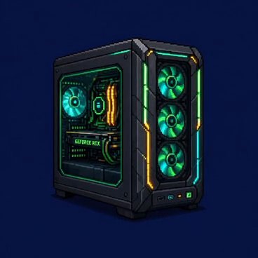 A black gaming PC tower with RGB lighting featuring green illuminated fans, orange accent strips, and a tempered glass side panel revealing internal components including a GeForce RTX graphics card.