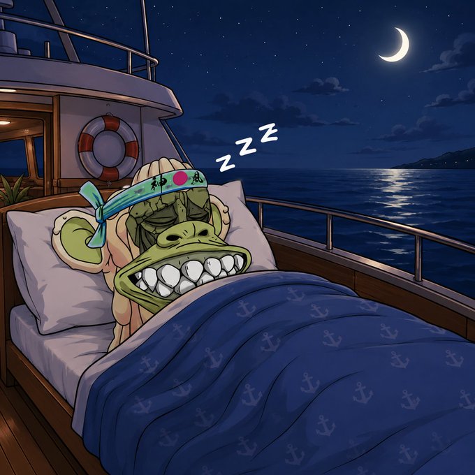A cartoon ape NFT character is sleeping soundly on a yacht at night, possibly representing the "GN Crypto" community and its holders.