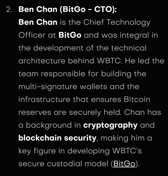 The image displays a biographical entry about Ben Chan, CTO of BitGo, highlighting his role in developing the technical architecture for WBTC and his expertise in cryptography and blockchain security. The accompanying post celebrates his WBTC receiving cross-chain security via Chainlink's CCIP, connecting Chan's work on secure Bitcoin custody with Chainlink's enhanced security infrastructure.