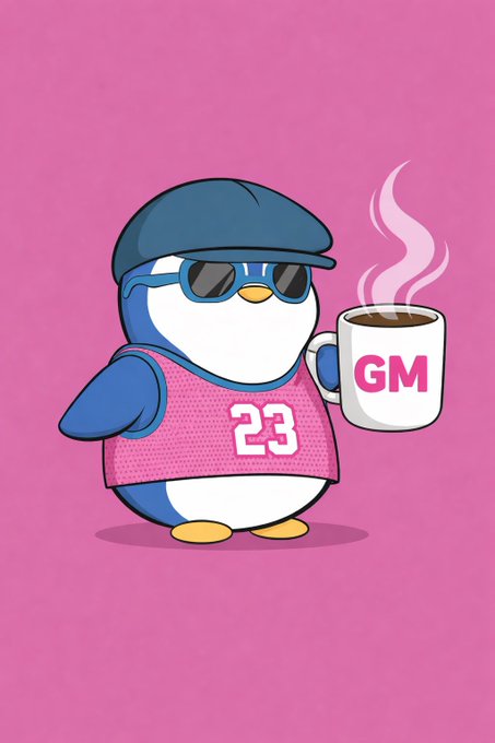 A cartoon penguin wearing sunglasses, a blue cap, and a pink jersey with "23" is holding a steaming mug labeled "GM," perfectly matching the cheerful "Gm web3 and happy pengun Monday morning" vibe of a casual morning greeting.