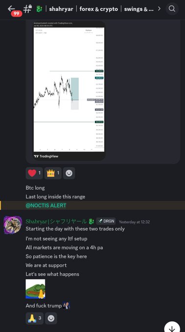 A Discord post from "shahryar | forex & crypto | swings &..." shows a TradingView chart of Btc usdt with a highlighted range, captioned "Btc long Last long inside this range @NOCTIS ALERT." This aligns with the accompanying message about opening BTC trades as 4h price action setups, highlighting the long position within the marked chart range.
