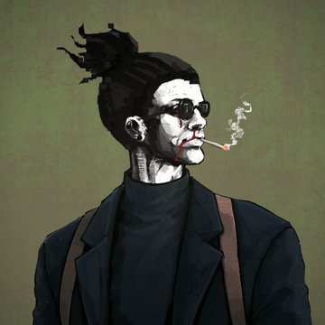 A stylized illustrated figure with a dark topknot, round sunglasses, red-stained lips, and a cigarette smokes against a muted olive background, wearing a black turtleneck and blazer. The image's gritty, worn-in aesthetic—mirroring the post's weary, defiant tone of focusing on endurance and substance over flash—reinforces the theme of building something durable through persistence rather than mood.
