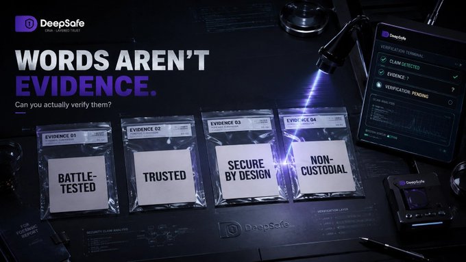The image shows a dark, detective-themed promotional graphic for DeepSafe with the bold text "WORDS AREN'T EVIDENCE. Can you actually verify them?" and four labeled evidence bags marked "BATTLE-TESTED," "TRUSTED," "SECURE BY DESIGN," and "NON-CUSTODIAL," alongside a verification terminal display. The visual cleverly reinforces the post's message by framing common crypto marketing buzzwords as unverified claims, prompting readers to question whether these oft-repeated phrases can actually be substantiated with proof rather than just taken at face value.