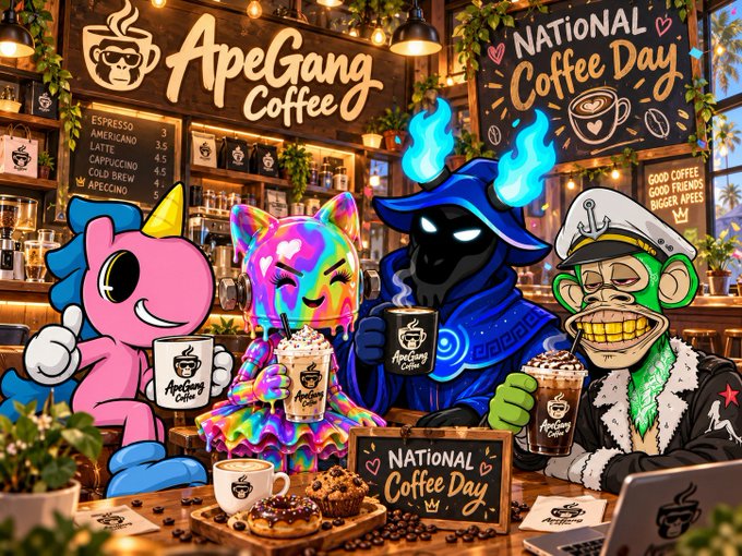 A vibrant illustration for 'National Coffee Day' features 'ApeGang Coffee' characters including a unicorn, rainbow creature, hooded figure, and a captain ape enjoying drinks at a café.