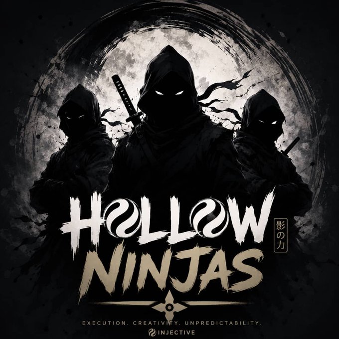 The image features a poster for "Hollow Ninjas", which is an action roleplaying game with three main characters dressed as black ninja warriors. They are standing together against a dark background, facing different directions. The poster also includes text that reads "execution, creativity, unpredictability, @injective". This suggests that the game focuses on creative and unpredictable gameplay mechanics rather than following a strict set of rules or predictable patterns.