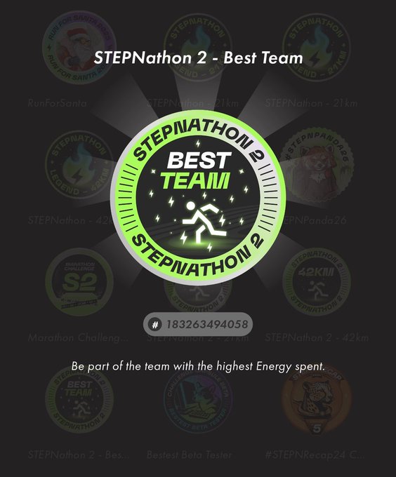 A STEPNation 2 achievement graphic declaring 'BEST TEAM' with badge #183263494058, encouraging users to 'Be part of the team with the highest Energy spent.'
