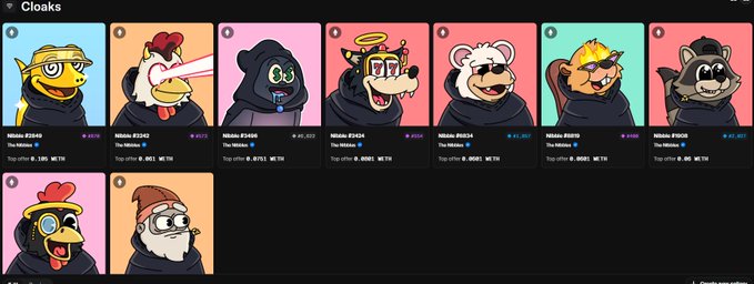 A dark-mode interface showing a grid of cartoon bird characters in cloaks under a 'Cloaks' header, with usernames and WETH top offer prices listed below each.
