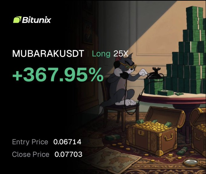 A Bitunix cryptocurrency advertisement showing a cartoon cat counting money with text 'MUBARAKUSDT Long 25X +367.95%', Entry Price 0.06714, Close Price 0.07703.