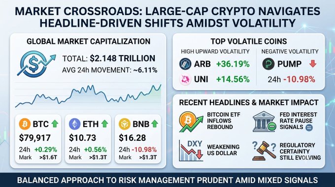 A crypto market infographic titled 'MARKET CROSSROADS' showing global market cap of $2.148 trillion, with BTC at $79,917, ETH at $10.73, and BNB at $16.28, along with volatile coins ARB (+36.19%), UNI (+14.56%), and PUMP (-10.98%).