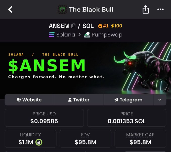 The image shows a cryptocurrency trading page for "The Black Bull" ($ANSEM) on the Solana blockchain via PumpSwap, displaying a price of $0.09585 USD (0.001353 SOL), $1.1M liquidity, and a $95.8M market cap. The trading platform's data supports the post's bullish thesis on $ANSEM as a potential billion-dollar memecoin, showing its current valuation with room for significant growth.