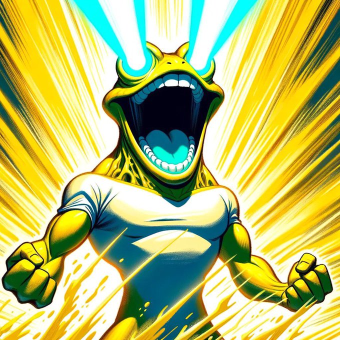 A comic-style illustration depicts a yellow-green creature in a white shirt screaming with glowing cyan beams shooting from its head against a bright yellow background.