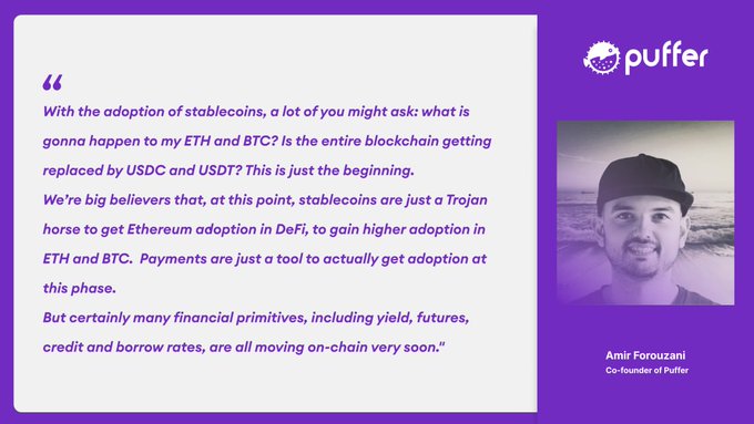 A quote card featuring Amir Forouzani, Co-founder of Puffer, discussing how stablecoins like USDC and USDT serve as a "Trojan horse" for Ethereum adoption, paving the way for DeFi, ETH, BTC, and eventually on-chain financial primitives including yield, futures, credit, and borrow rates.