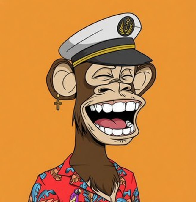 A cartoon illustration of a laughing monkey wearing a white naval captain's hat with an anchor emblem and a red floral Hawaiian shirt on an orange background.