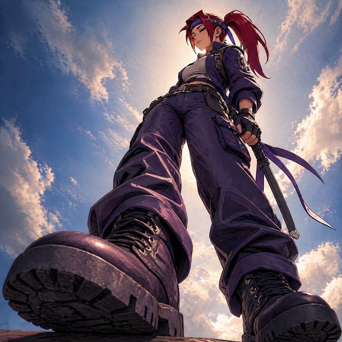 A dramatic low-angle illustration of a red-haired female character in dark purple cargo pants and combat boots, holding a sword against a bright cloudy sky.