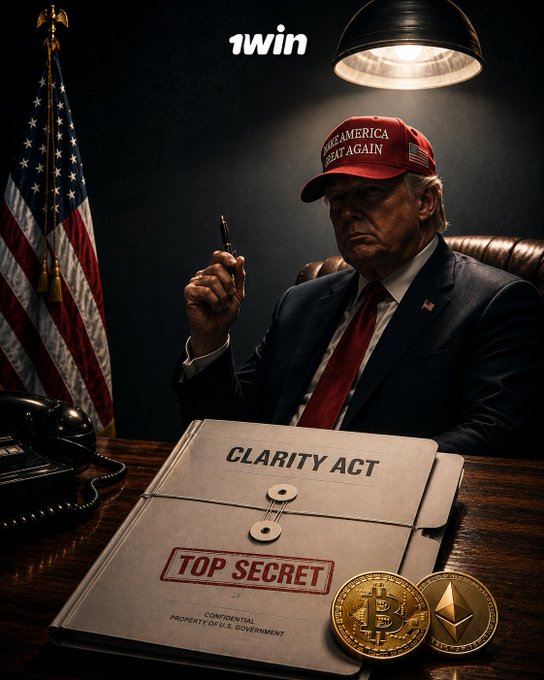 A dramatic digital artwork featuring Donald Trump in a 'Make America Great Again' hat, sitting at a desk with a 'Clarity Act' folder marked 'Top Secret' and Bitcoin/Ethereum coins, with the '1win' logo visible.