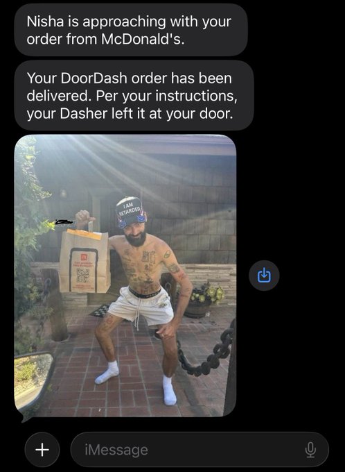 An iMessage conversation shows a DoorDash delivery notification ("Nisha is approaching with your order from McDonald's") followed by a photo of a shirtless, tattooed man wearing an "I AM DETAINED" cap, holding a McDonald's bag while appearing to break free from a chain. The image humorously reinforces the "Bull market is here, Lock in" post by depicting someone aggressively breaking free from restraints to secure their fast food delivery.