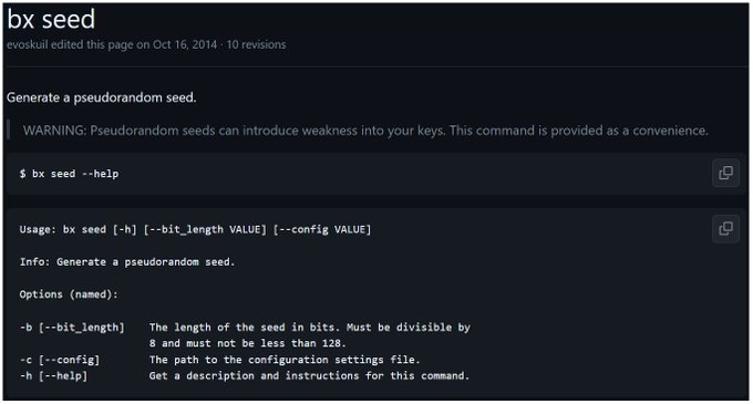 Screenshot of documentation for the 'bx seed' command, showing help text for generating a pseudorandom seed, edited on Oct 16, 2014.
