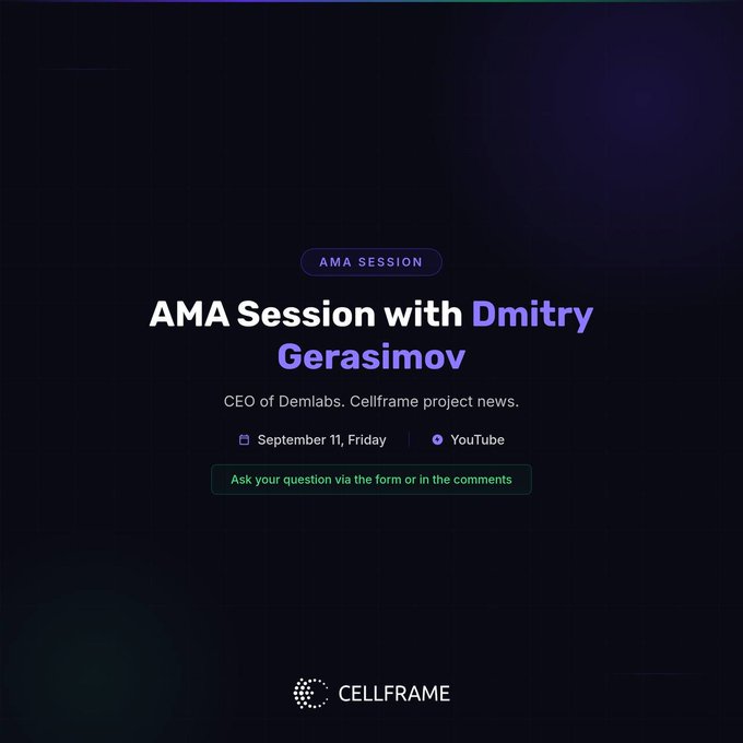 A dark promotional banner announcing 'AMA Session with Dmitry Gerasimov', CEO of Demlabs, scheduled on September 11, Friday on YouTube, with Cellframe branding at the bottom.