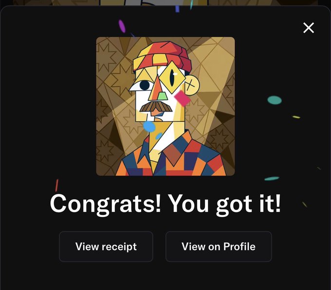 A 'Congrats! You got it!' confirmation pop-up featuring a colorful geometric NFT portrait of a mustached man wearing a red cap.