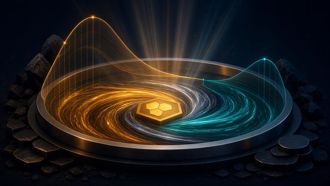 A glowing hexagonal coin sits in a metallic basin surrounded by swirling orange and teal waves of energy that form peaks resembling a financial chart.