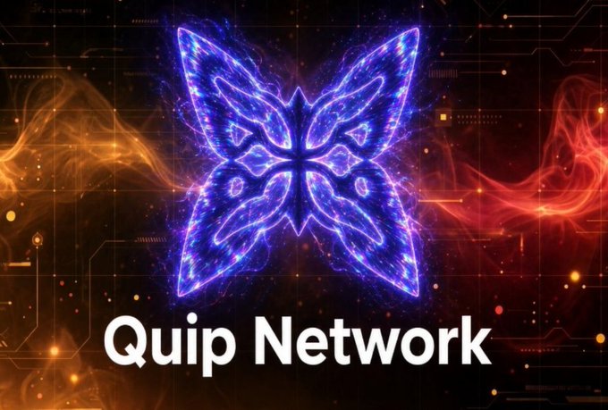 A glowing blue butterfly graphic made of light and energy against a dark background with orange and red smoky effects, with the text 'Quip Network' displayed at the bottom.